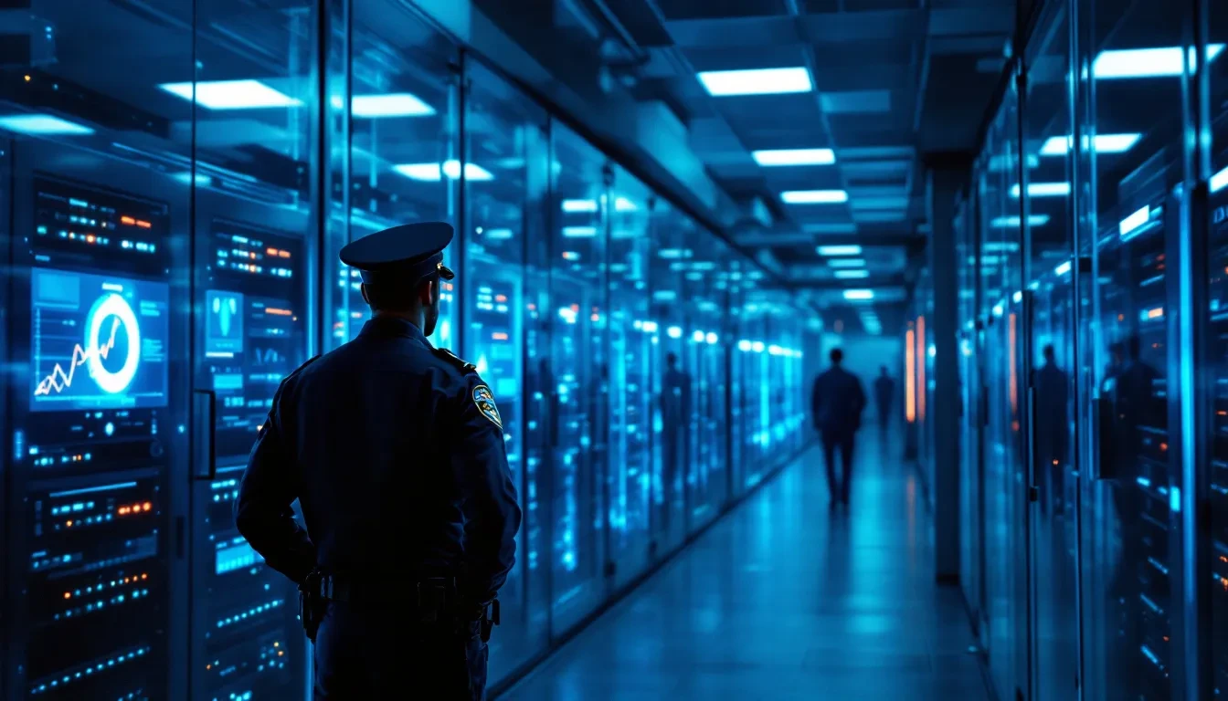 A photoreal editorial scene showing a dimly lit server room inside a government building, rows of blinking network hardw