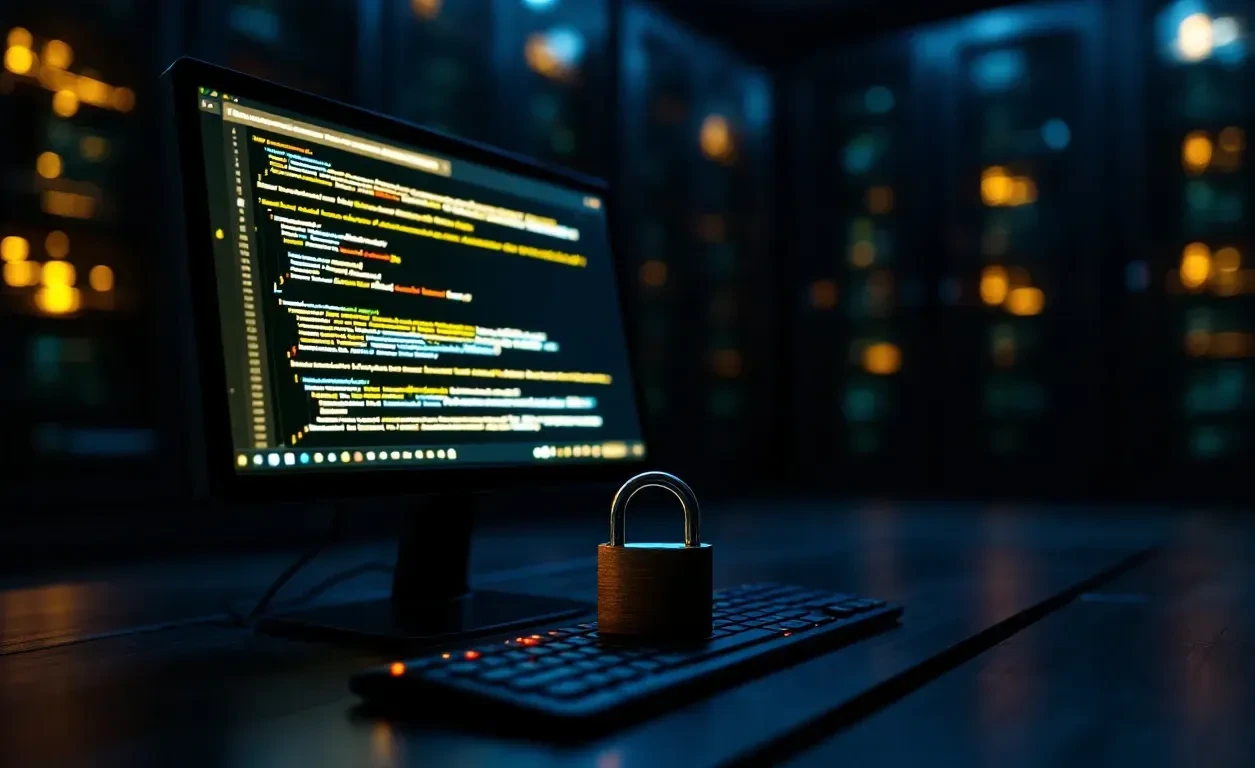 A dimly lit server room with a single glowing computer monitor displaying an open email inbox, a padlock lying open on t