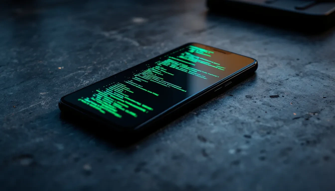 A close-up photoreal editorial shot of a modern Android smartphone lying face-up on a dark concrete desk, its screen glo