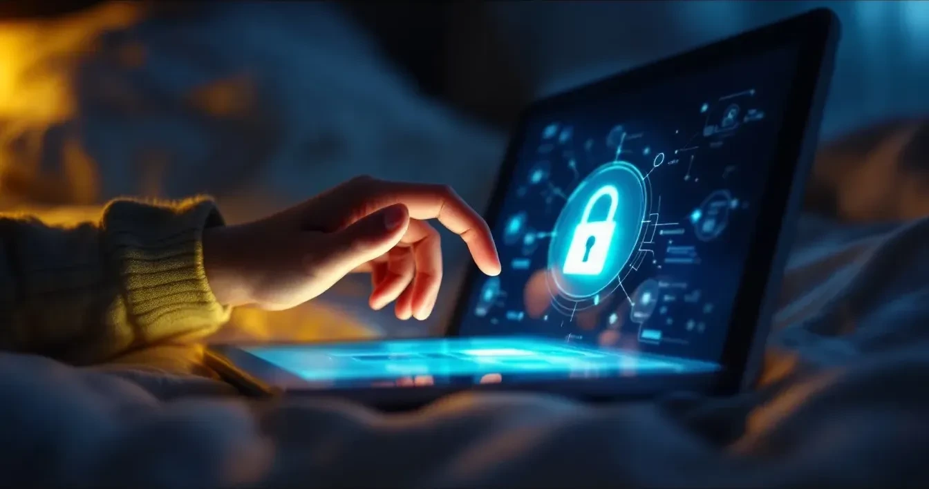 A child's hand reaching toward a glowing tablet screen in a dimly lit bedroom, with a padlock icon visible on the screen