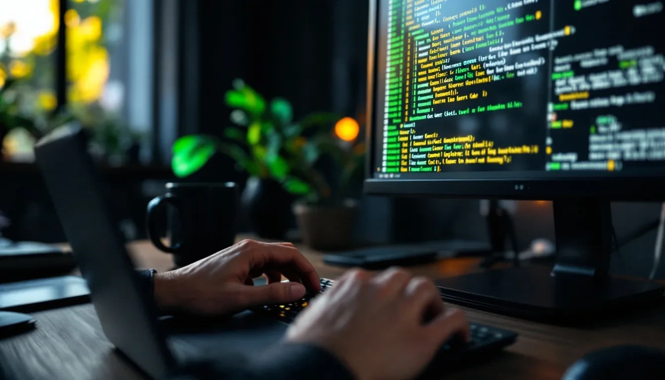A close-up photoreal editorial photograph of a web developer's hands typing on a laptop keyboard in a dimly lit office,