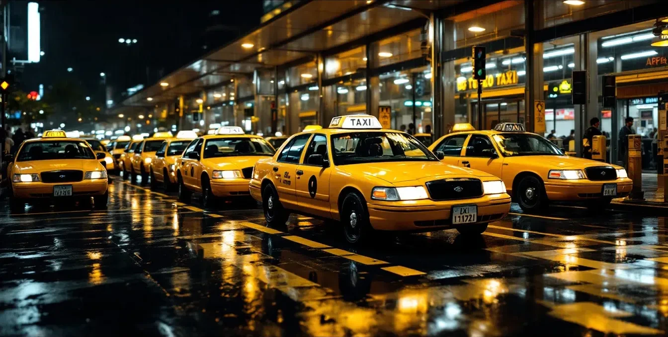 A row of yellow Tokyo taxis parked at a city taxi stand at night, rain-slicked pavement reflecting streetlights, one tax