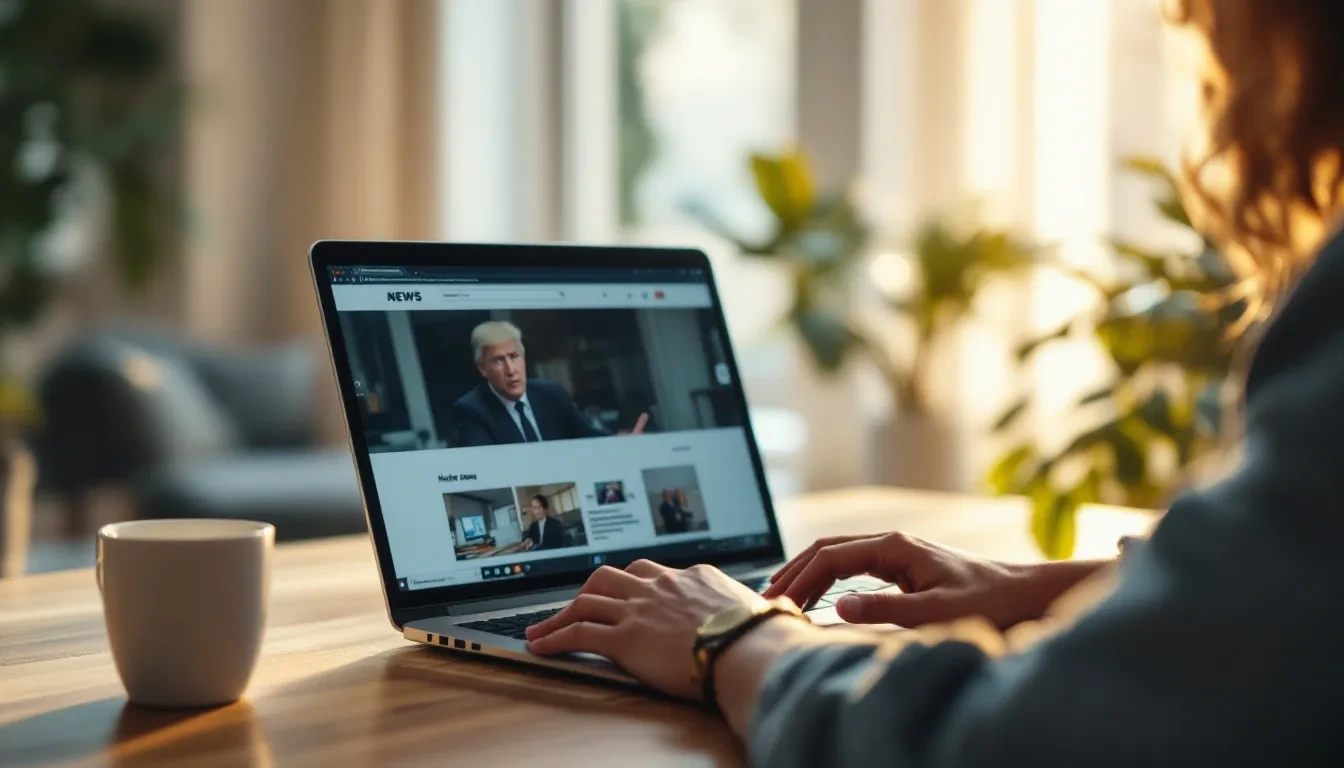 A person sitting at a laptop in a softly lit home office, looking at a news website on screen with a skeptical expressio