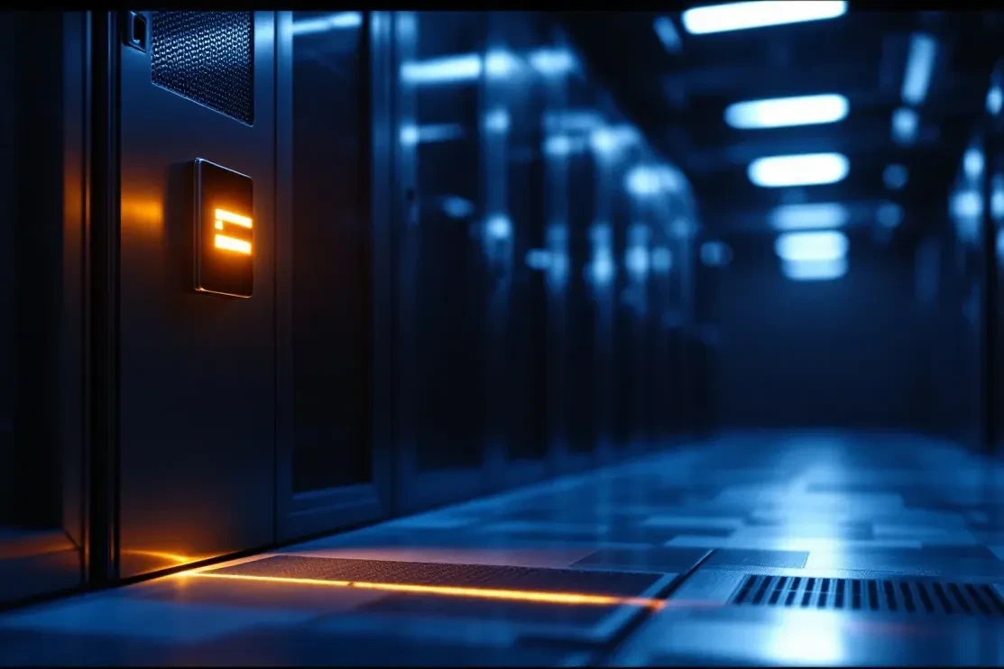 A photoreal editorial scene of a corporate server room at night, dimly lit in cool blue tones, with a single glowing dig