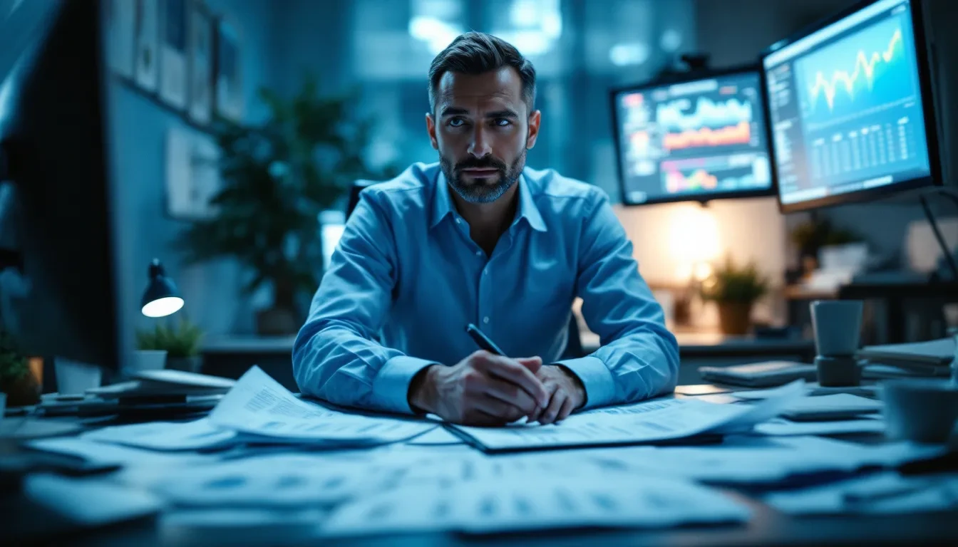 Photoreal editorial scene: a plainclothes detective at a desk covered in printed bank transaction records and a laptop s