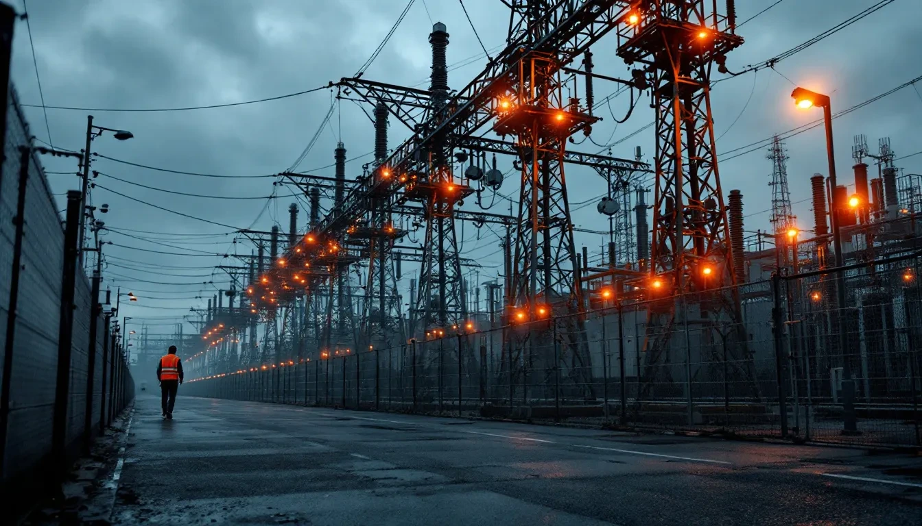 A wide-angle photoreal editorial photograph of a large European electrical substation at dusk, heavy steel pylons and tr