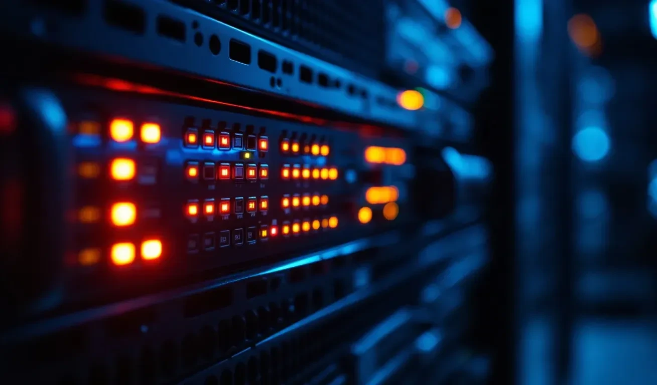 A photoreal close-up of a rack-mounted network security appliance with blinking amber and red indicator lights in a dark