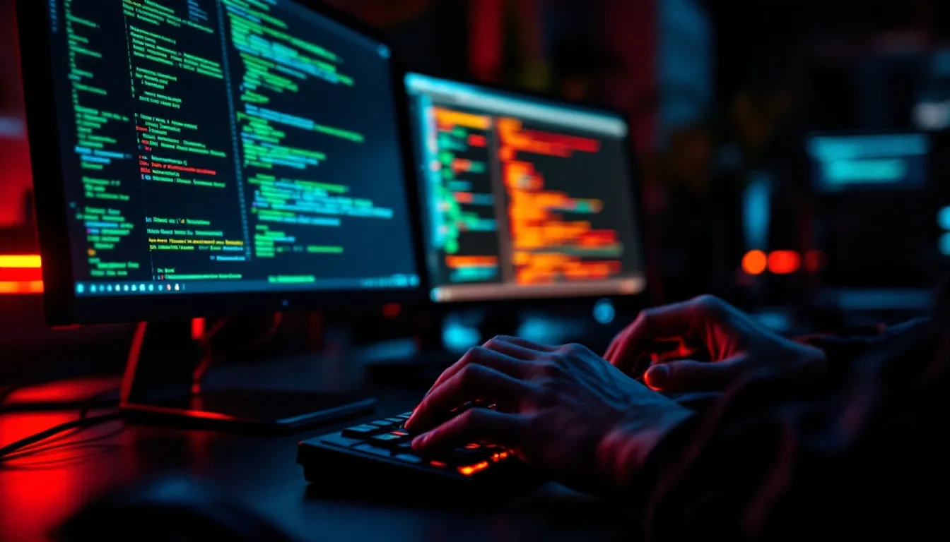 A photoreal close-up of a developer's hands typing at a keyboard in a dimly lit office at night, with multiple terminal