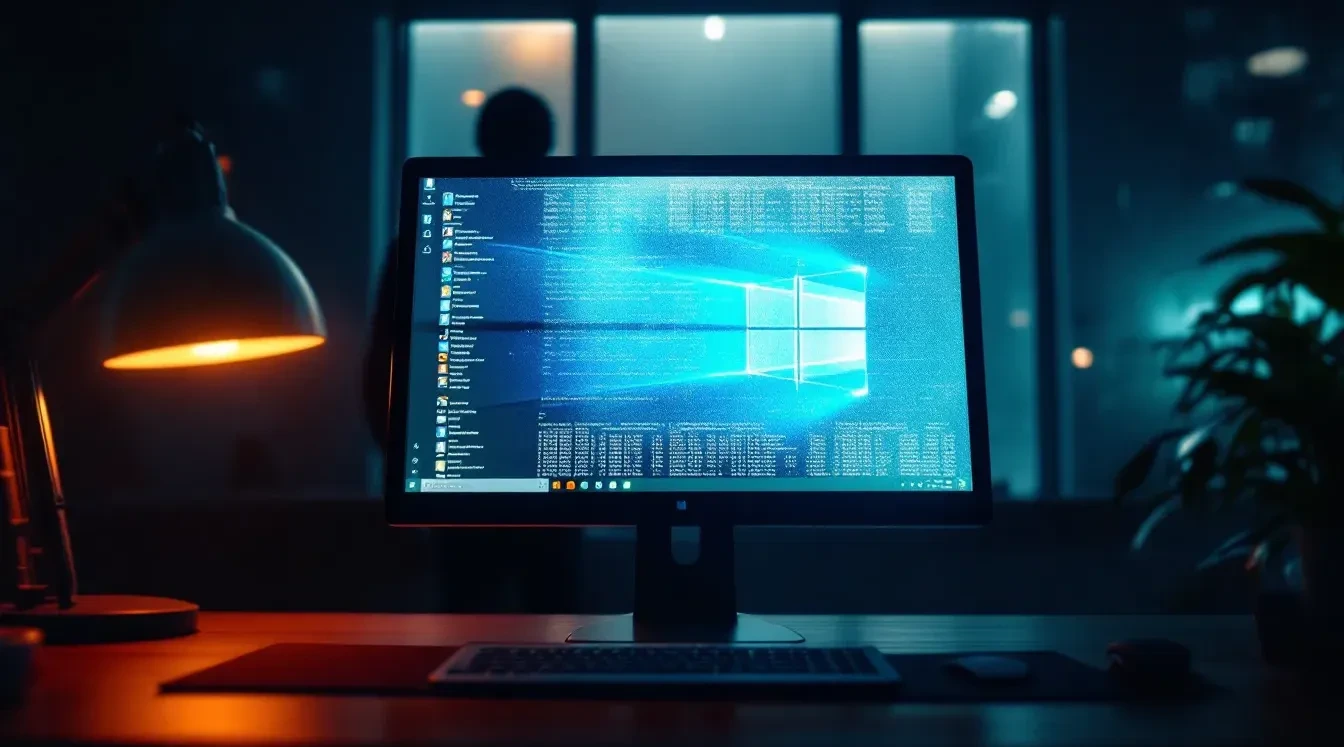 A photoreal editorial scene showing a close-up of a glowing computer monitor in a dim office displaying a Windows system