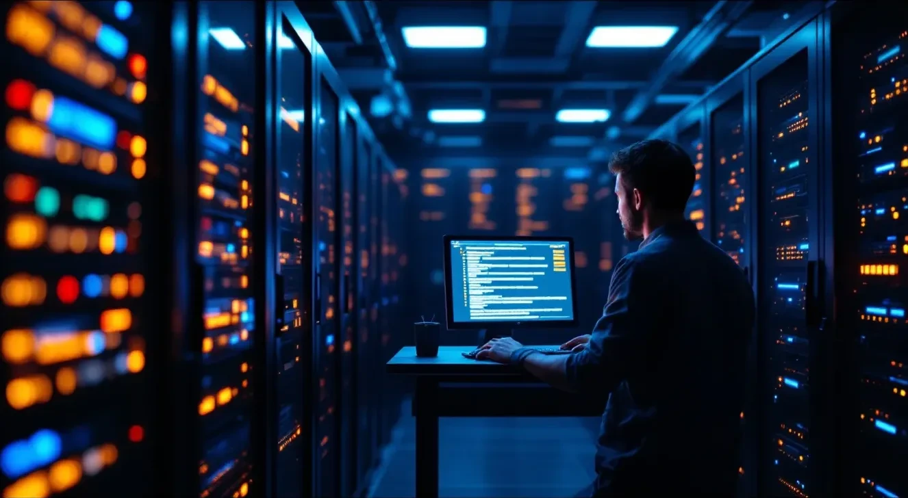 A photorealistic editorial scene of a dimly lit enterprise server room at night, blue and amber rack indicator lights ca