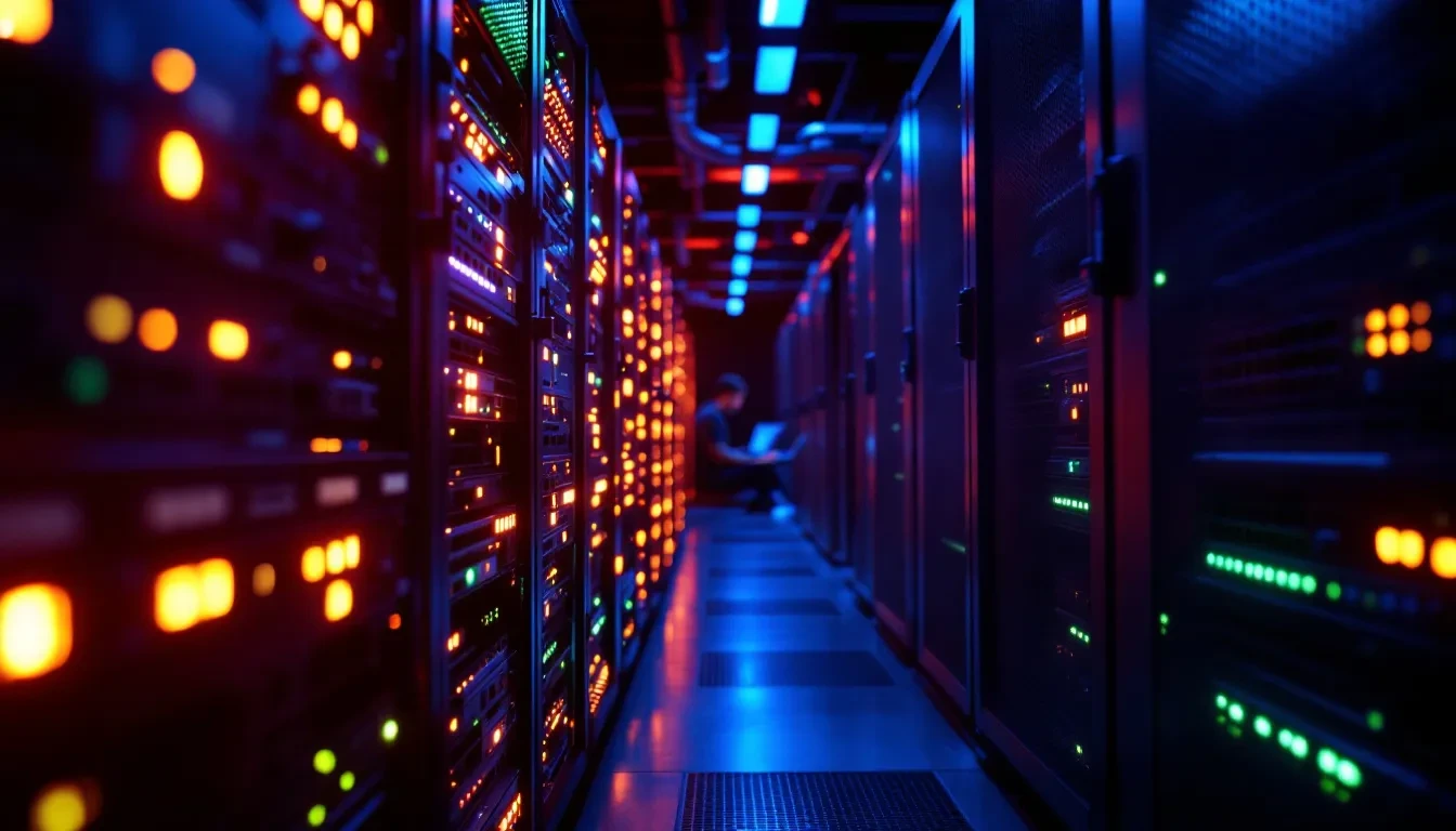 A photoreal editorial scene of a dimly lit server room at night, rows of glowing network switches and routers with blink