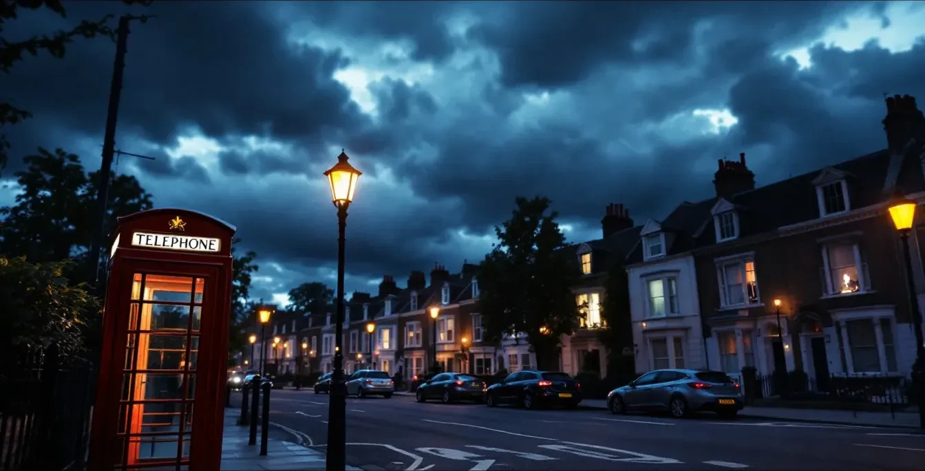 A photoreal editorial scene shot from street level in a British city at dusk, showing a red telephone box and Georgian t