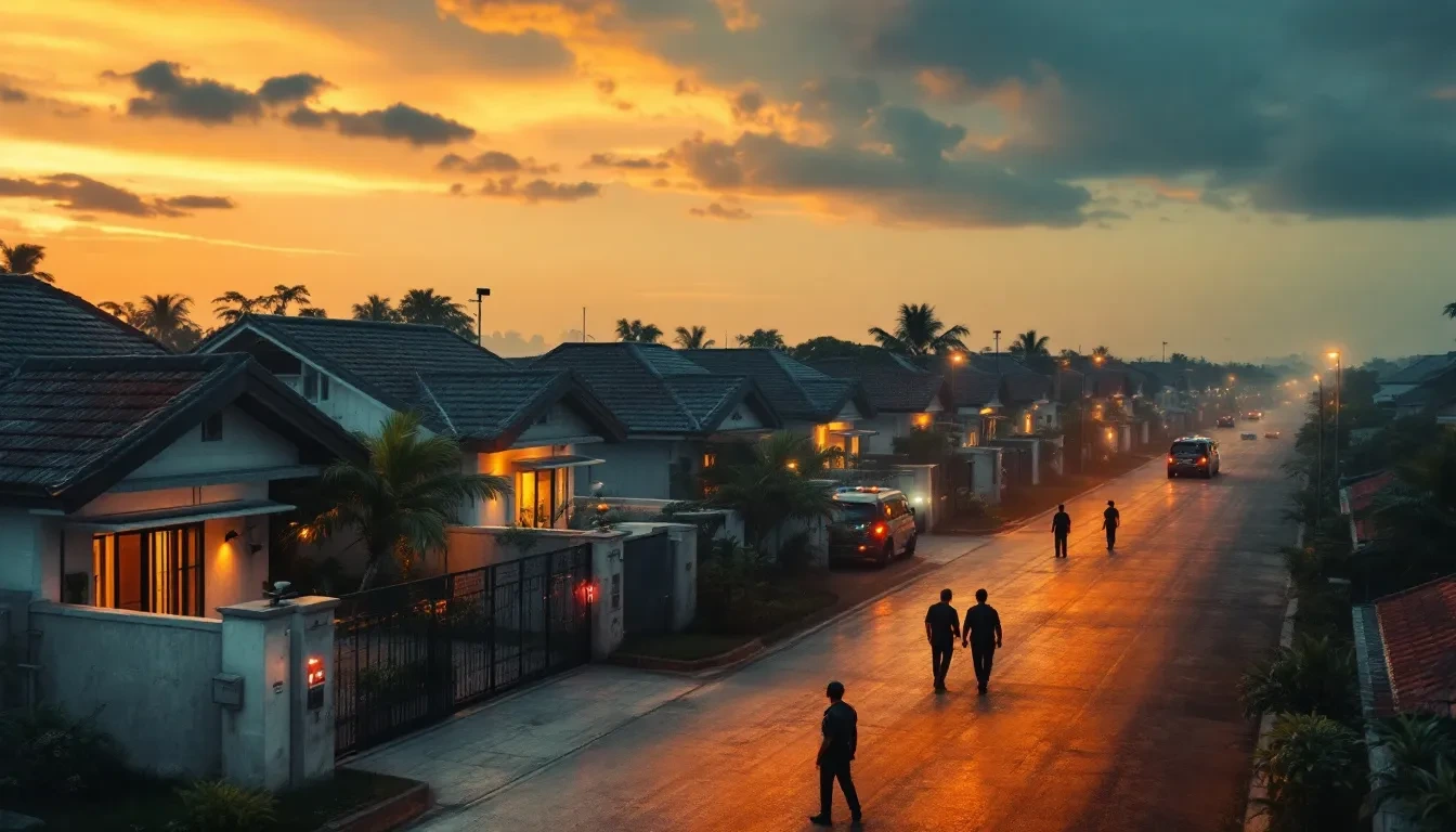 Photoreal aerial editorial shot at dusk of a row of nondescript residential houses behind high concrete walls topped wit