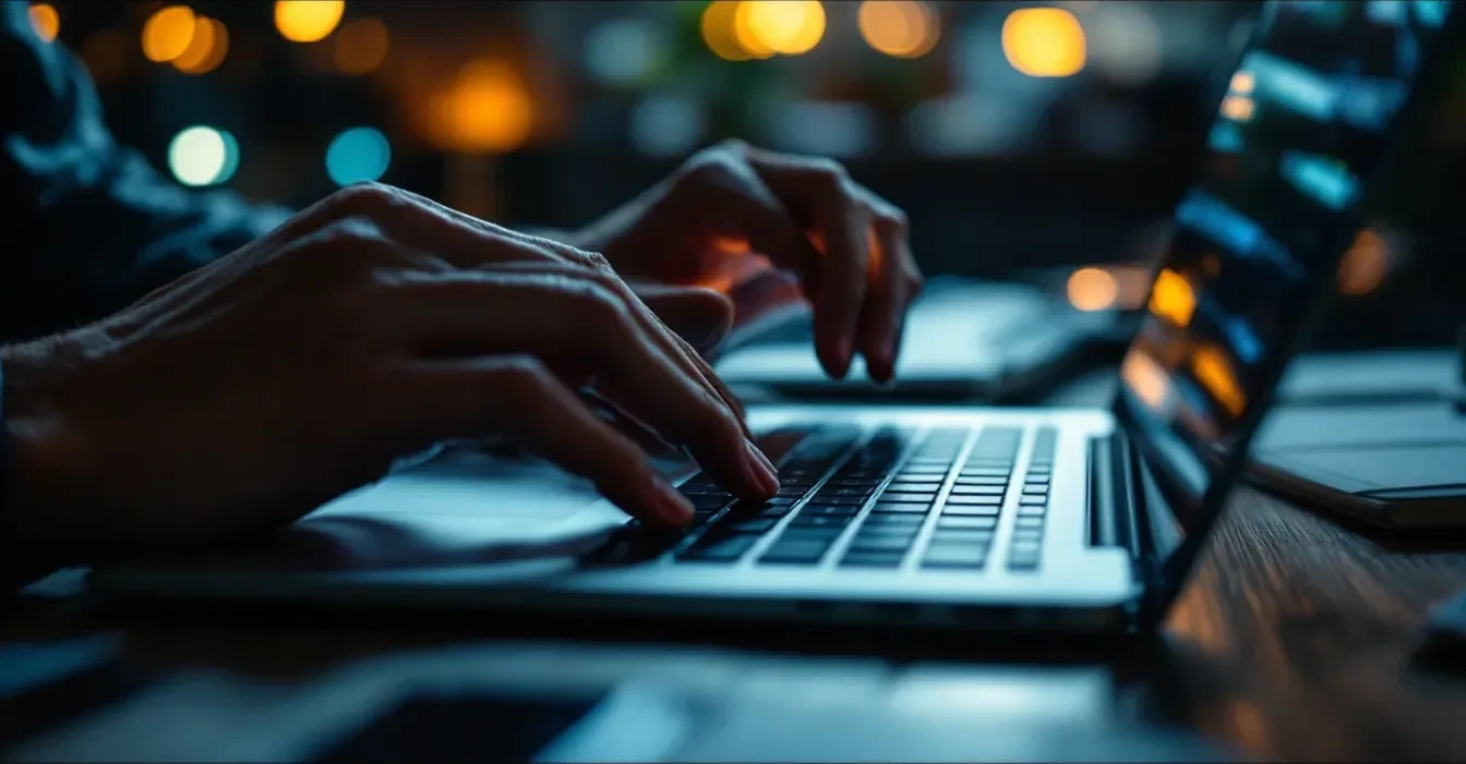 A photoreal close-up of a person's hands at a desk opening a compressed file folder on a laptop screen, dramatic side li