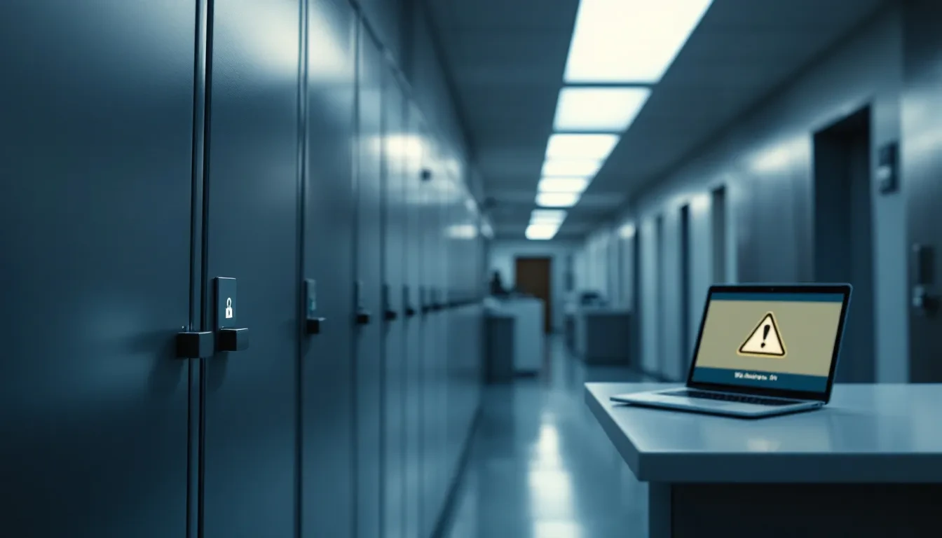 A photoreal editorial scene inside a quiet Australian medical clinic corridor, fluorescent lighting overhead, a row of c