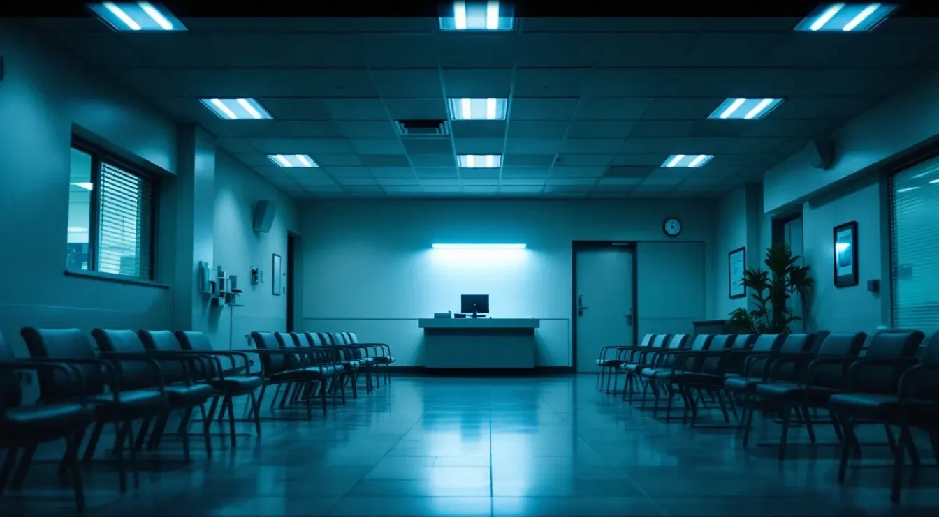 A wide-angle photoreal editorial photograph of an empty Australian medical clinic waiting room at dusk, fluorescent ligh