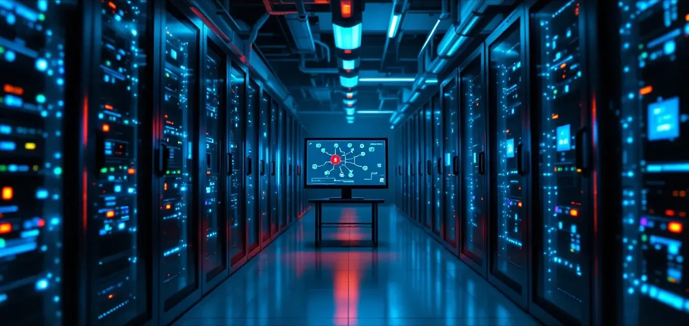 Photoreal editorial scene: a dimly lit server room in a government facility, rows of rack-mounted hardware with blinking