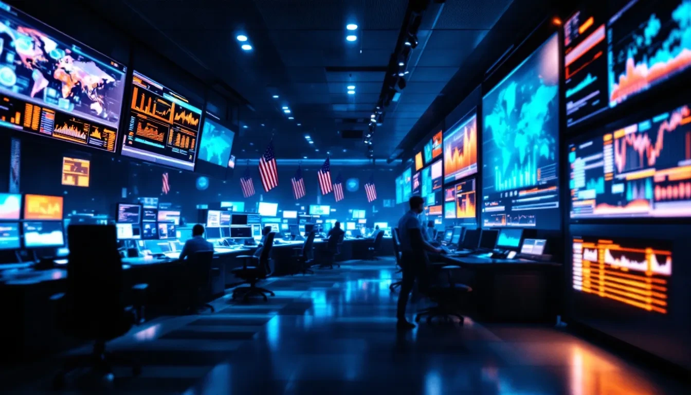 A photoreal wide-angle editorial scene inside a modern government operations center at night, rows of monitors displayin