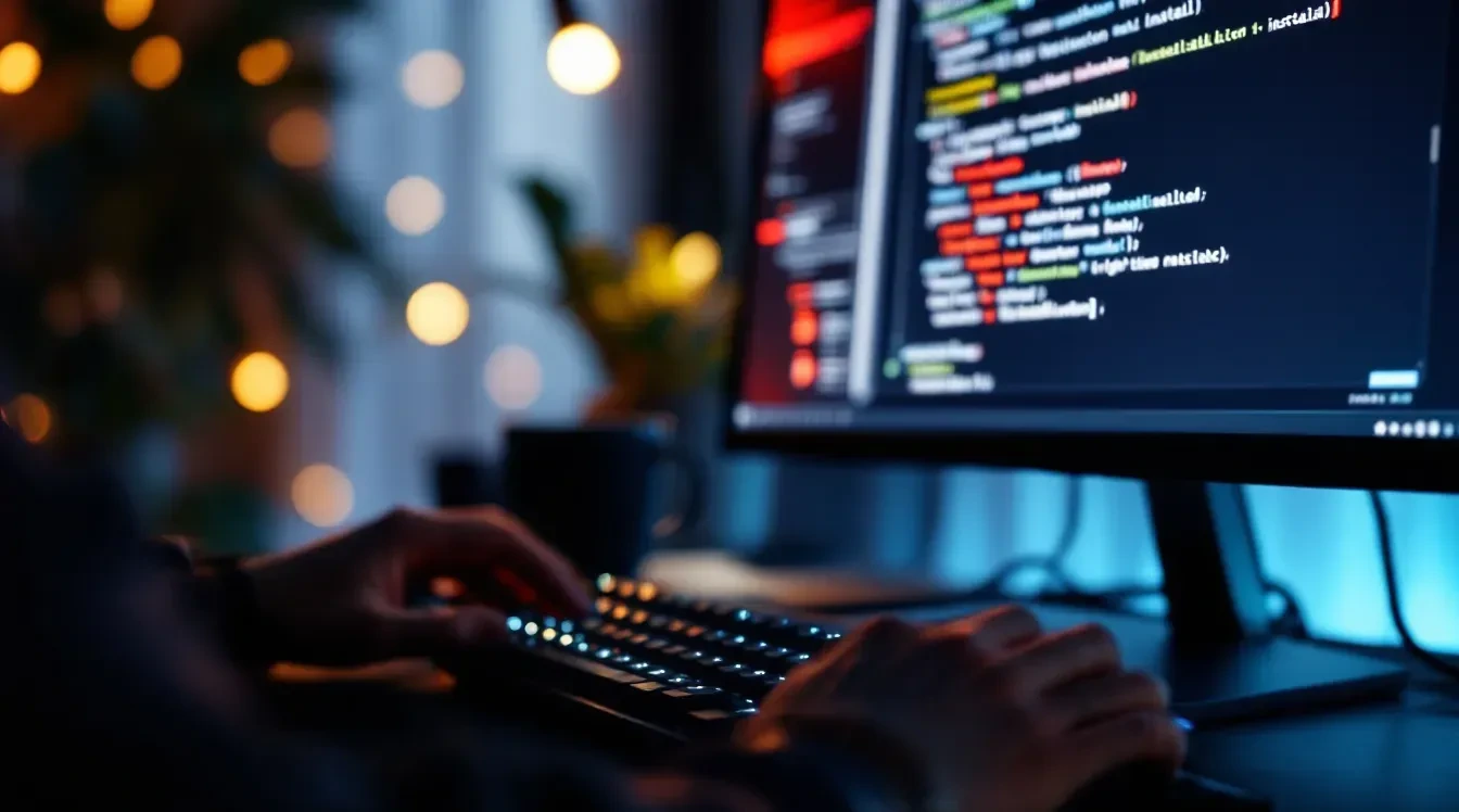 A photoreal close-up of a developer's hands typing on a mechanical keyboard in a dimly lit home office, with multiple te