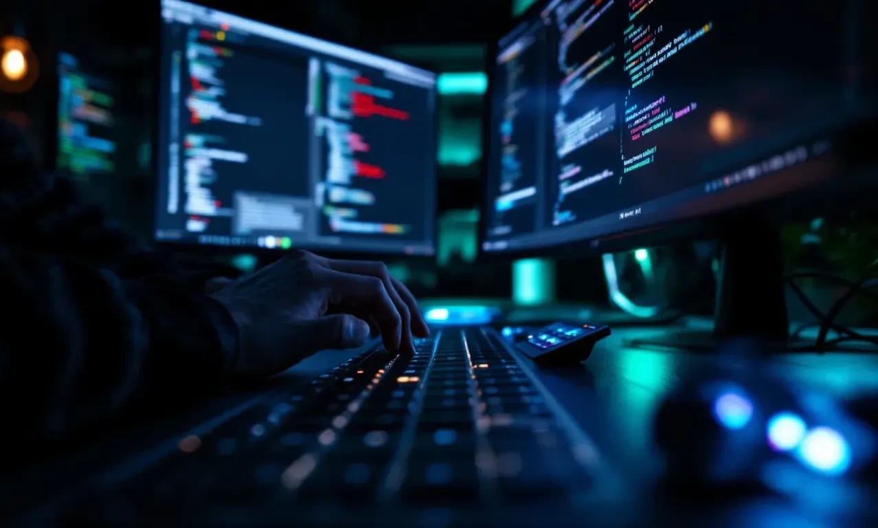 A photoreal close-up of a developer's hands on a mechanical keyboard in a dimly lit office at night, with multiple monit