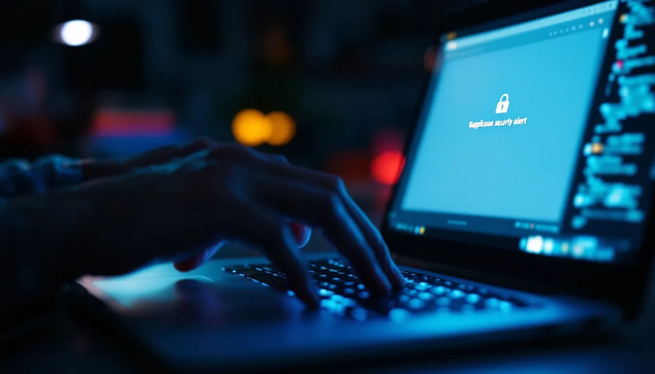 A photoreal close-up of a person's hands hovering over a laptop keyboard in a dimly lit room, the laptop screen casting