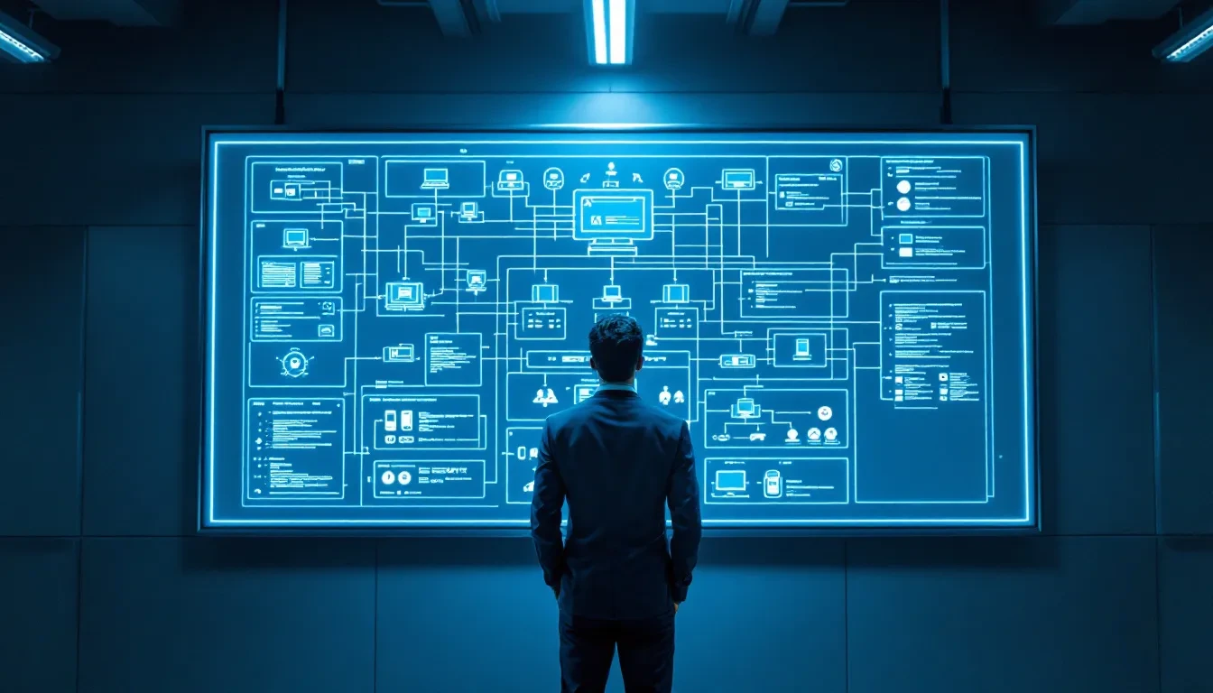 A wide-angle photoreal editorial scene of a government contractor's operations center, a person in business attire study