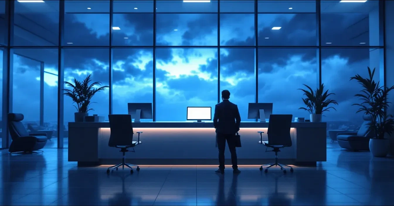 A photoreal editorial scene of a modern credit union branch interior at dusk, empty teller stations bathed in cool blue