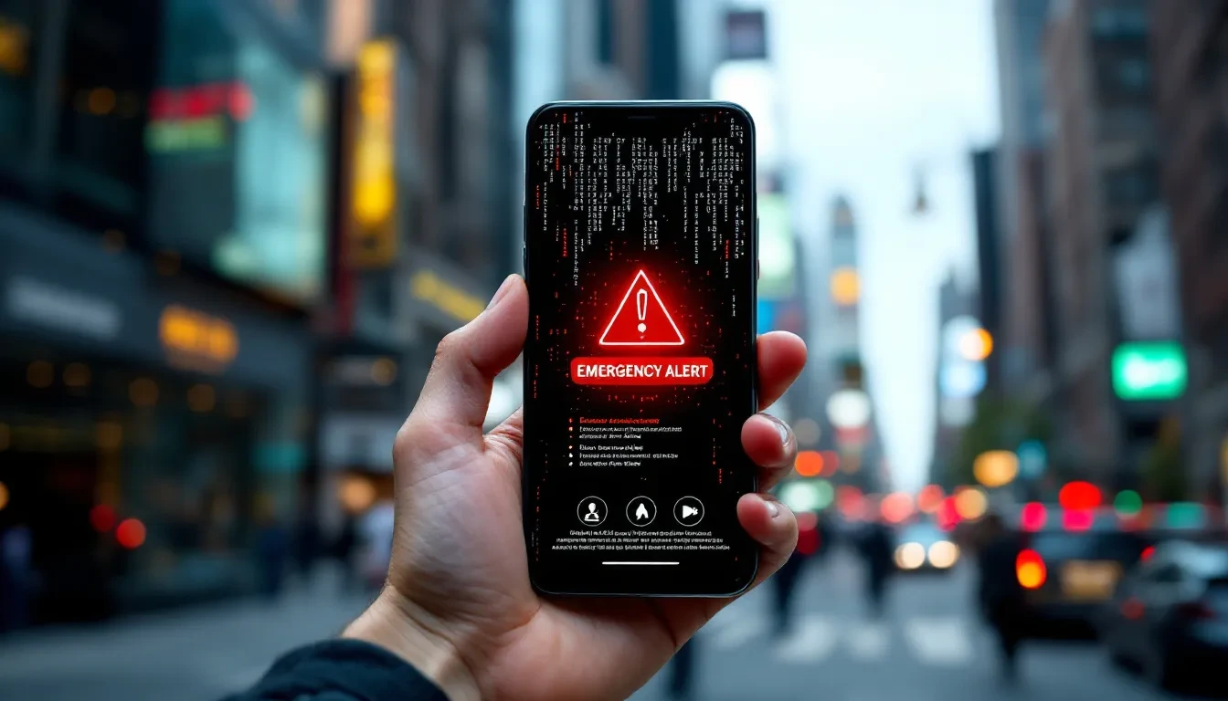 A realistic scene showing a smartphone displaying a fake emergency alert app interface, surrounded by ominous digital co
