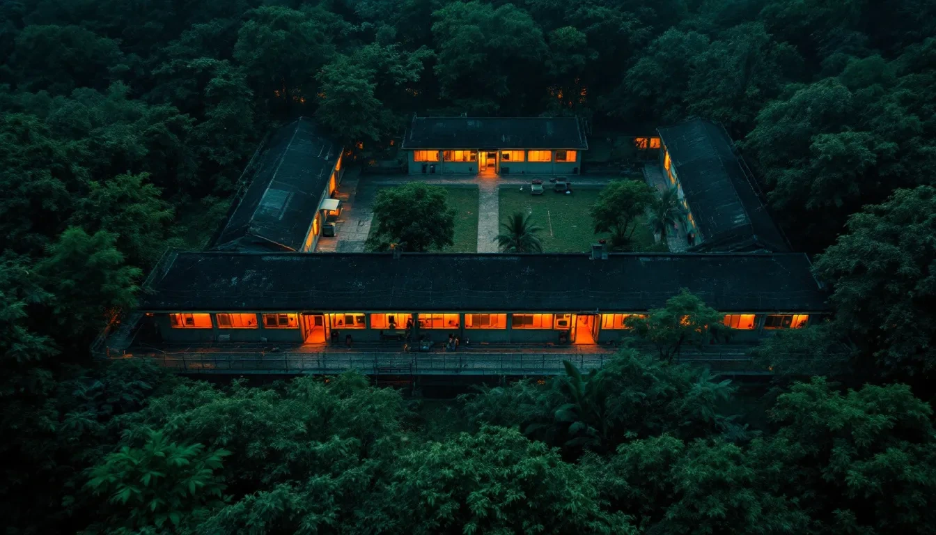 Photoreal aerial editorial photograph looking down into dense jungle canopy in Southeast Asia at dusk, a large walled co