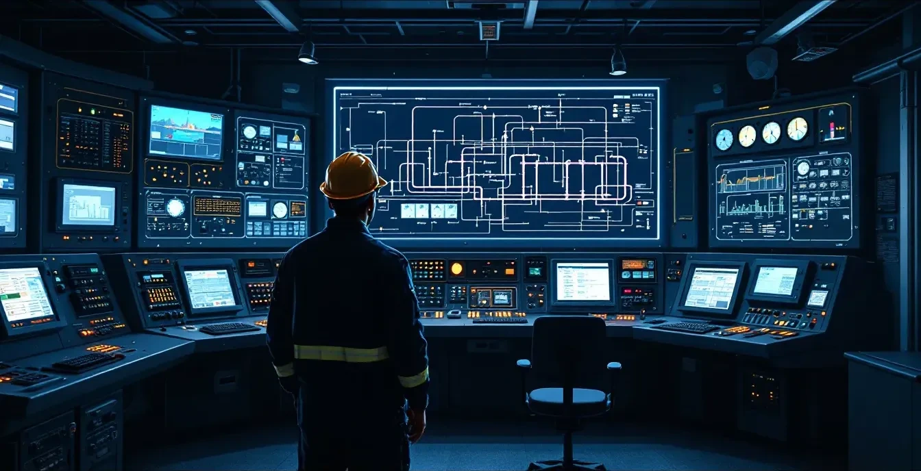 A wide-angle photoreal editorial photograph of an industrial control room at dusk, banks of physical control panels with