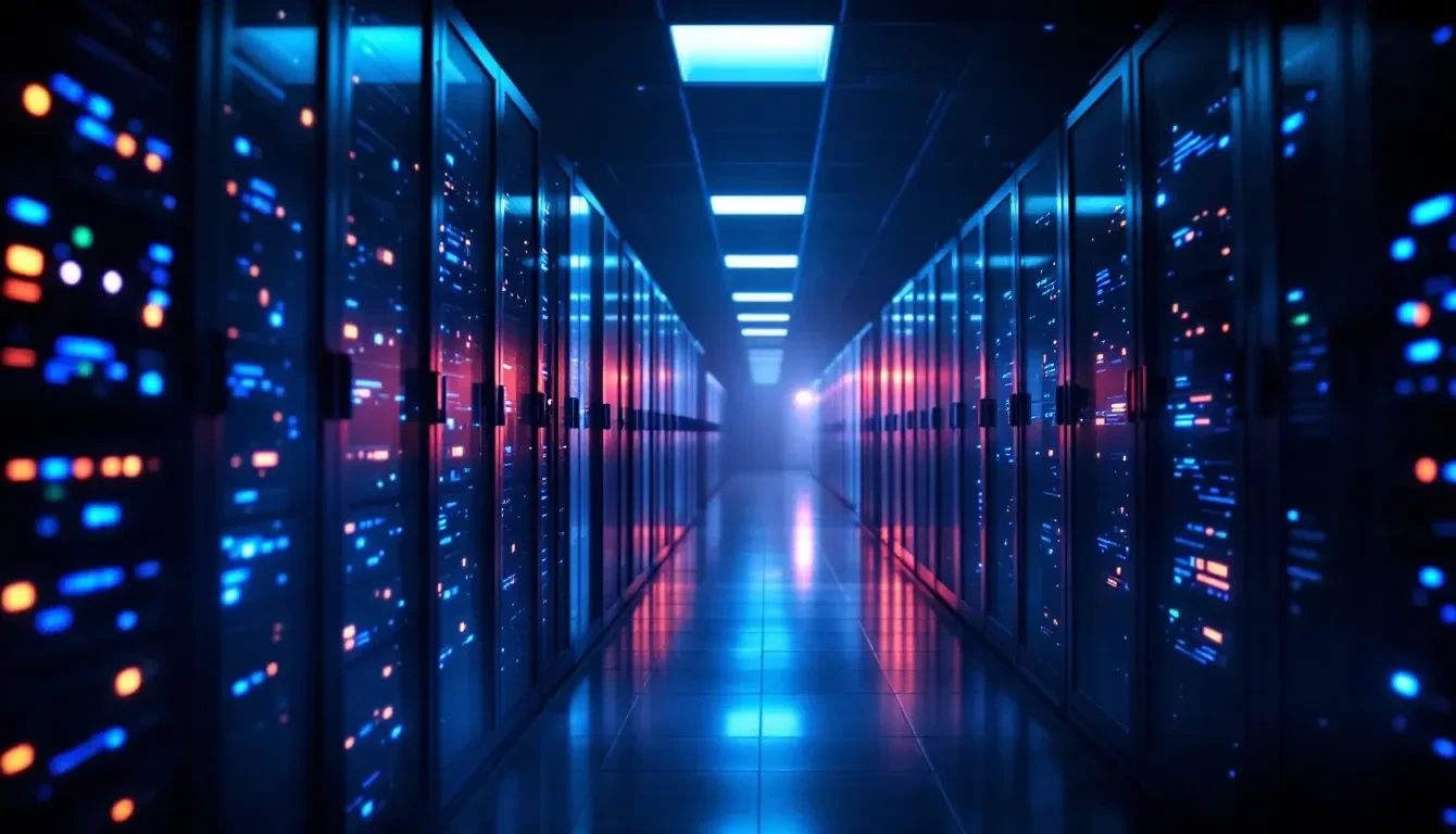 A photoreal editorial scene showing a dimly lit server room with rows of blinking rack-mounted servers casting blue and
