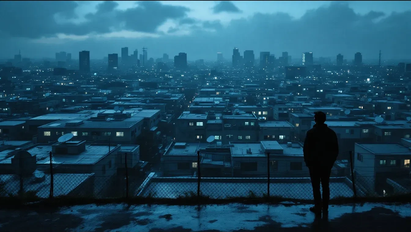 A wide-angle photoreal editorial scene shot at dusk over a dense Southeast Asian city skyline, with rows of nondescript