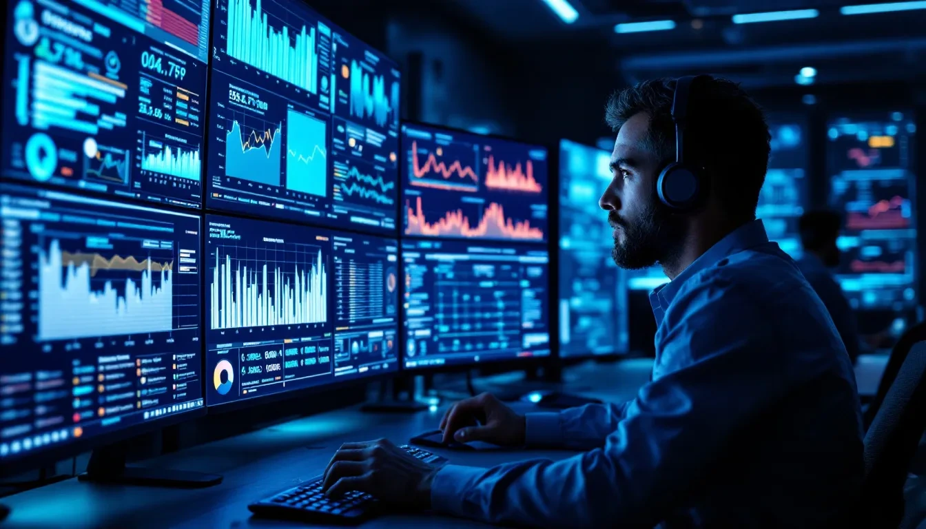 A photorealistic editorial scene inside a modern corporate security operations centre at night, lit by blue monitor glow