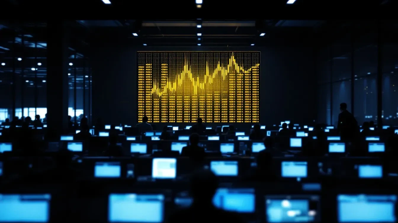 A dimly lit open-plan trading floor at night, rows of dark monitors with faint blue screen glow, one workstation illumin